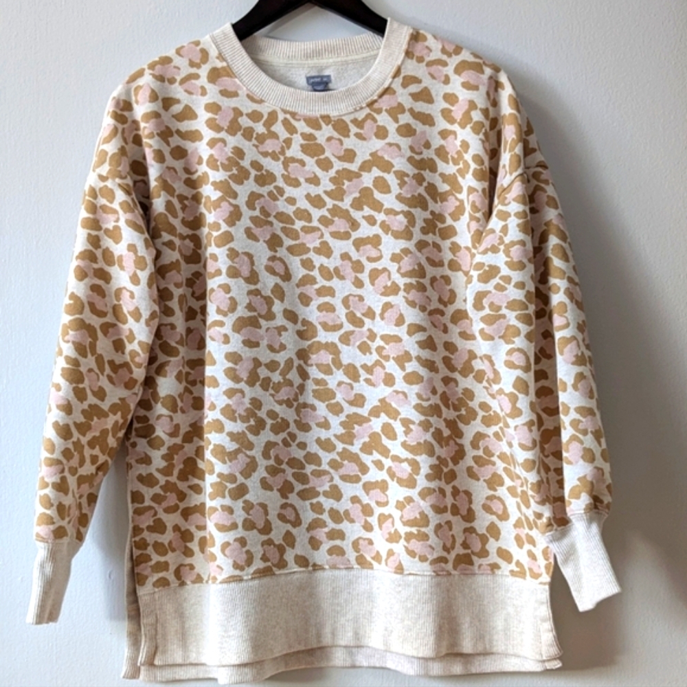 Aerie Cream and Tan Animal Print Crew Neck Sweater